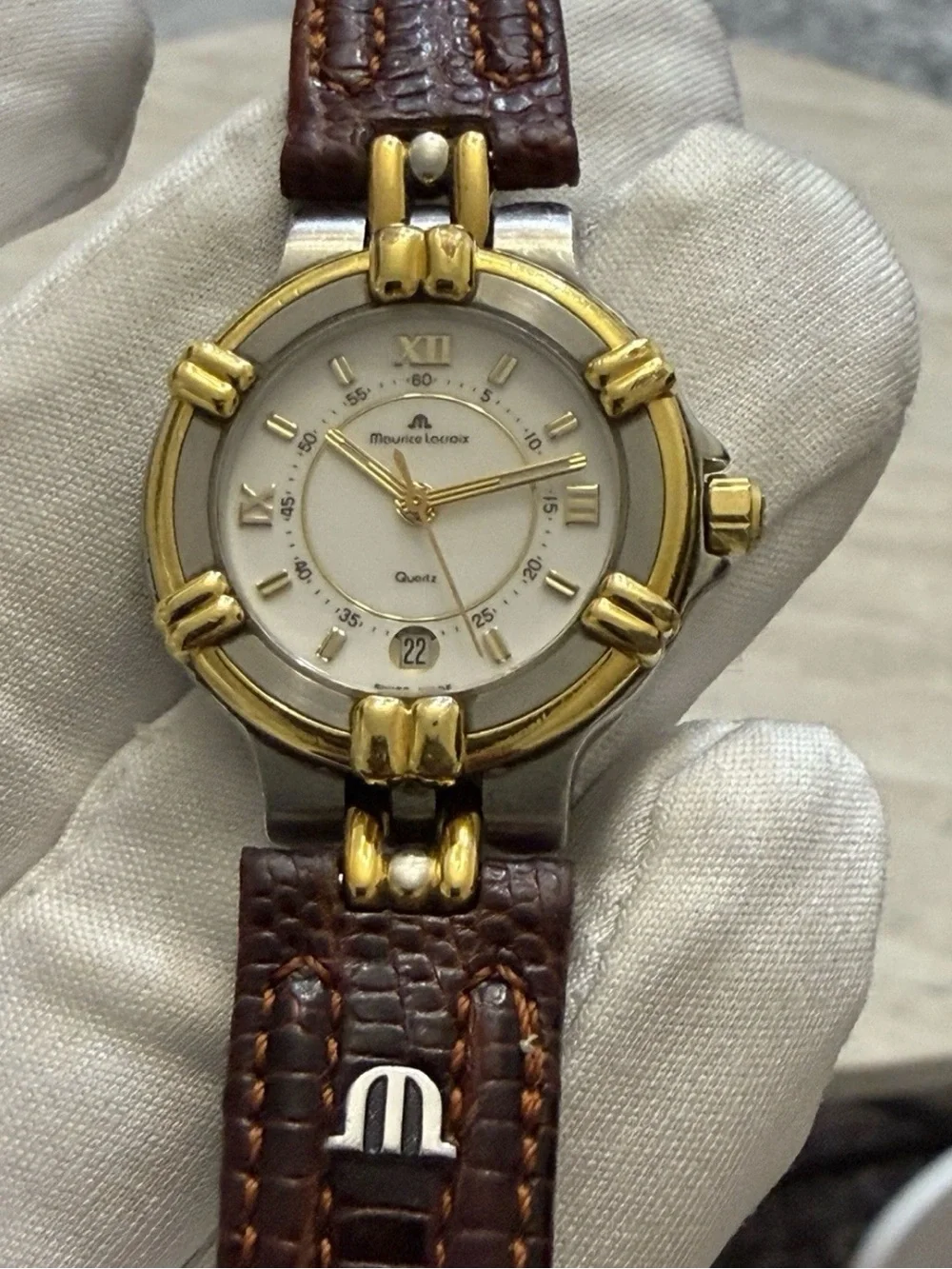 Maurice Lacroix Calypso 75344 Ladies Vintage Swiss Watch Two Tone Date Leather